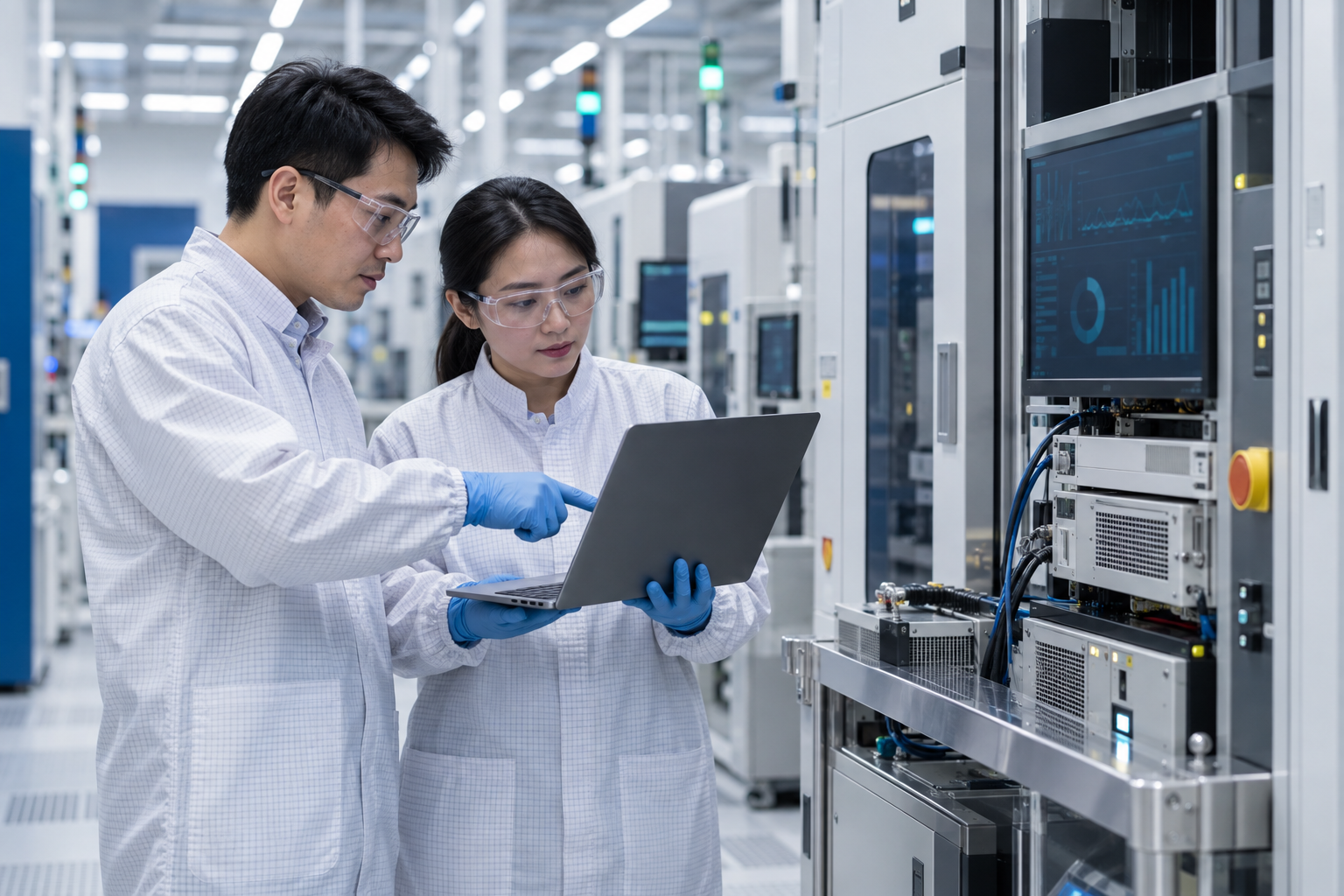 Engineers diagnosing semiconductor equipment with a laptop