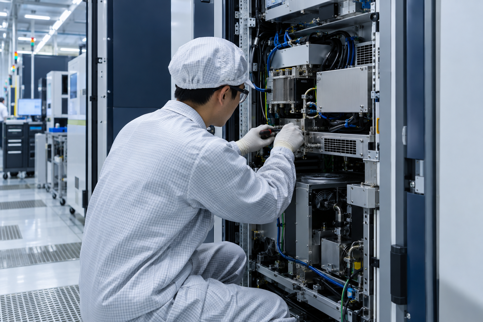 Engineer performing preventive maintenance on semiconductor equipment